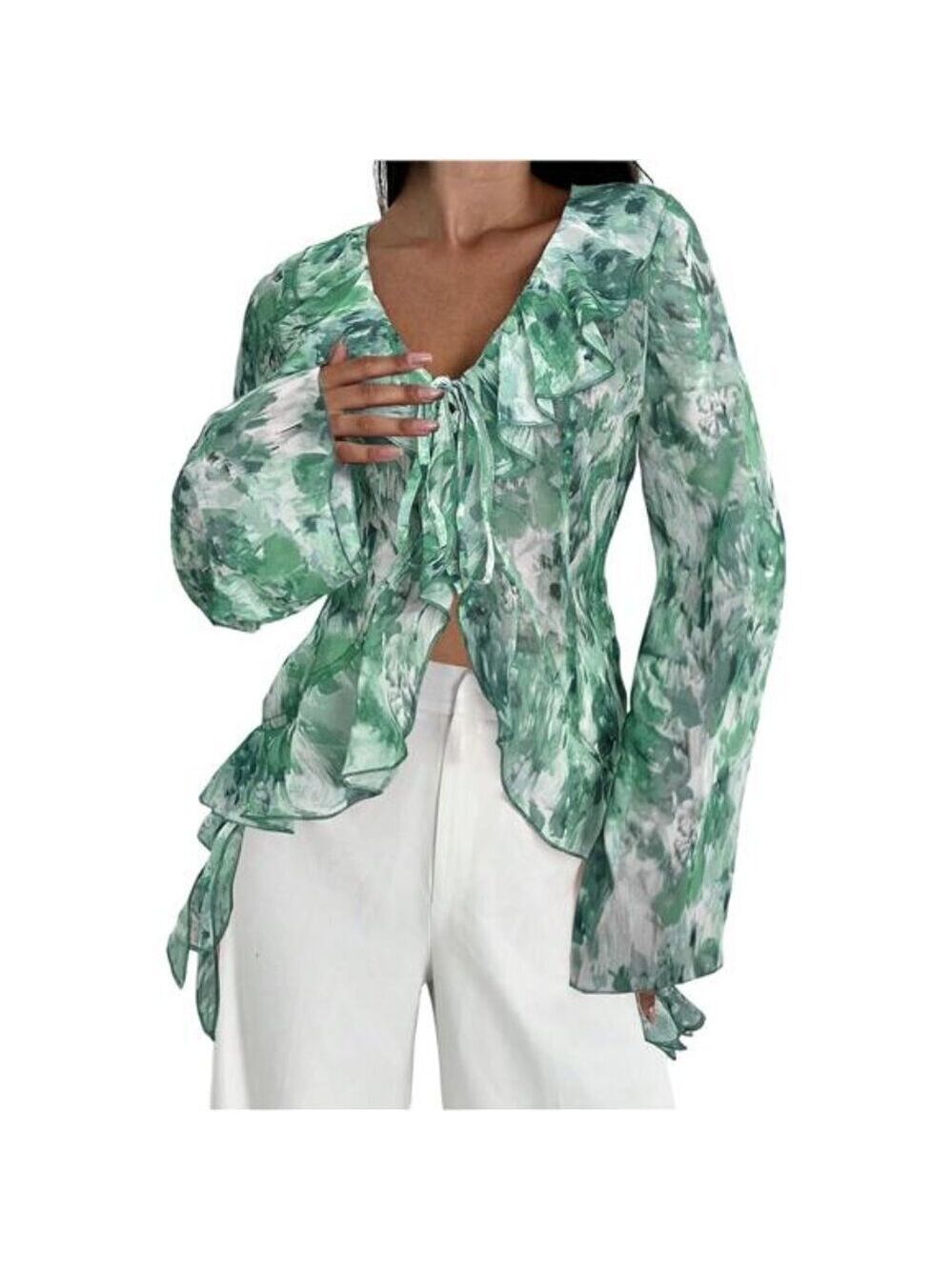 Women’s Floral Print Ruffle Blouse – V Neck Tie Front Long Bell Sleeve Top Green
